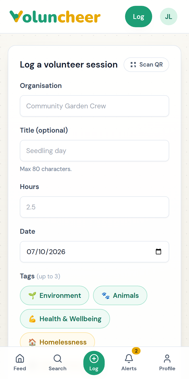 The Voluncheer log screen: organisation, title, hours, date and cause tags